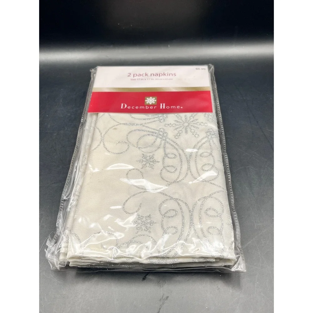 December Home 2-Pack Napkins Cream Silver Glitter Snowflake Swirl‎ Holiday As Is